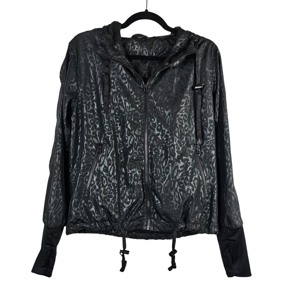 Zyia Active Women's Black Leopard Print Windbreaker Jacket Zip Up Thumbholes S